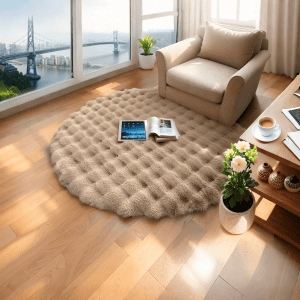 Solid Round Faux Rabbit Fur Bubble Rug - Washable Plush Carpet for Bedside/Sofa/Vanity Stool, Cream Style, Wholesale Custom