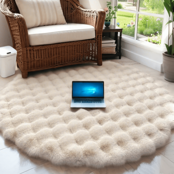 Solid Round Faux Rabbit Fur Bubble Rug - Washable Plush Carpet for Bedside/Sofa/Vanity Stool, Cream Style, Wholesale Custom - Image 2